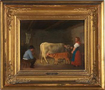 A calf in a stable with farmers by 
																			Johann Michael Neder